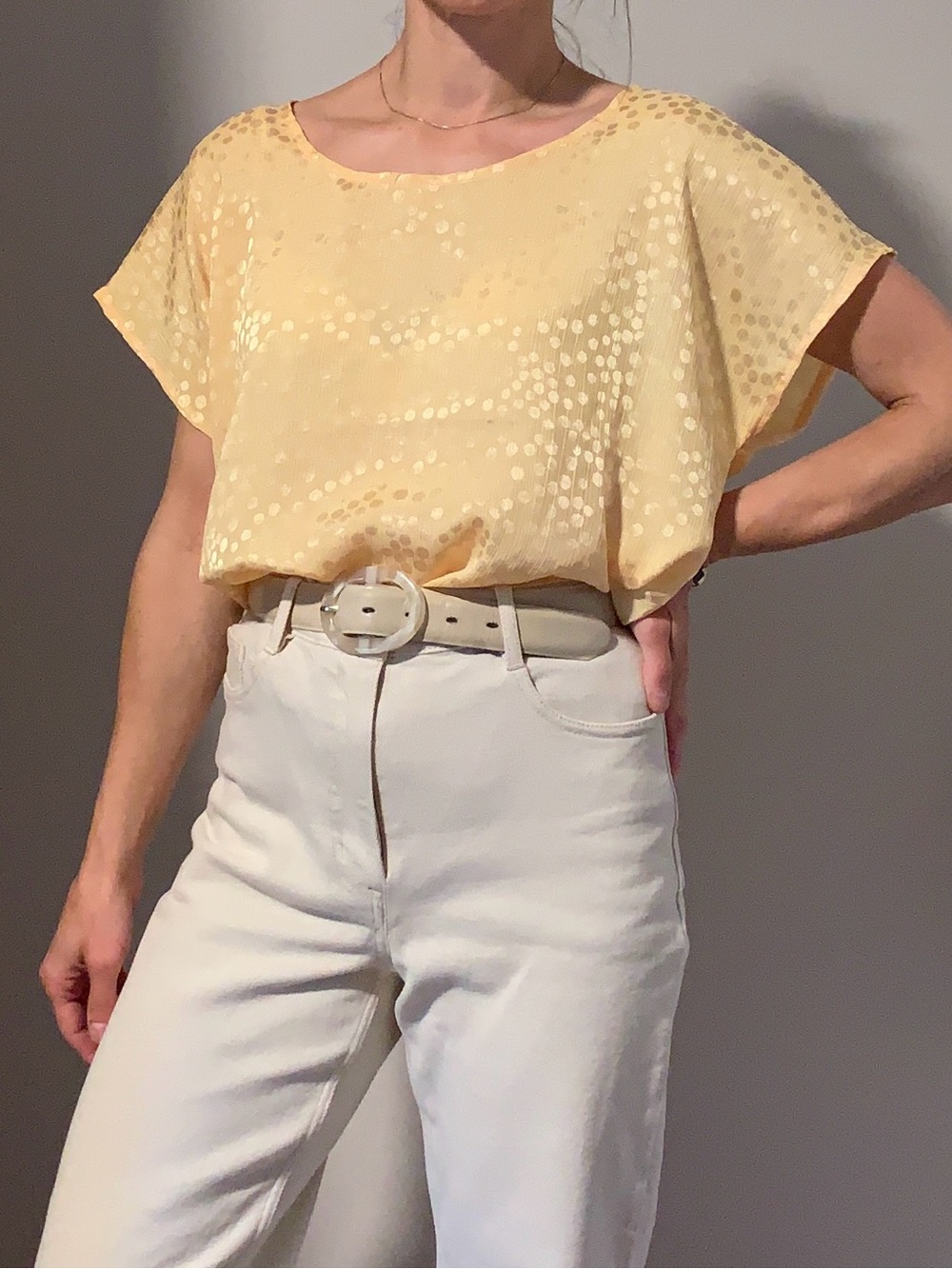 Vintage Made in France Women's Yellow Short-Sleeve Blouse